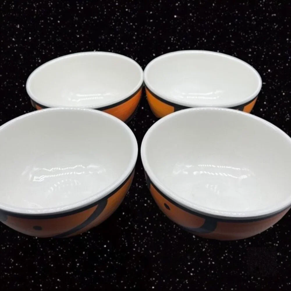 Pier 1 Hand Painted ITALY Orange & Black Cereal Bowl Set 4 Pcs Ceramic 3”T 5.5”W